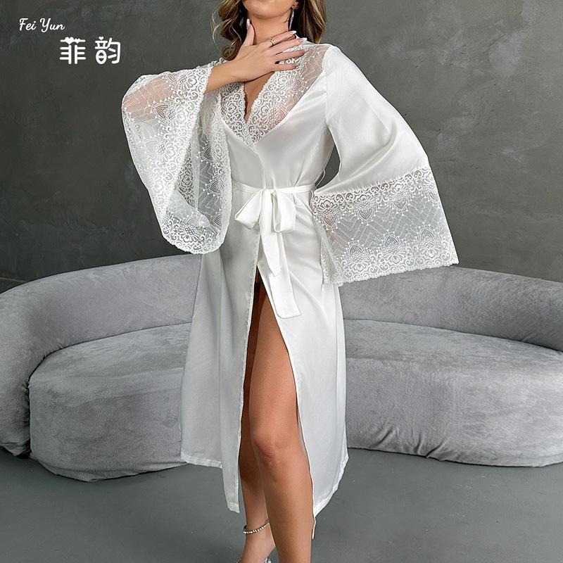 New Satin Morning Robe - Luxury Lace Trimmed Sleepwear with Long Sleeves